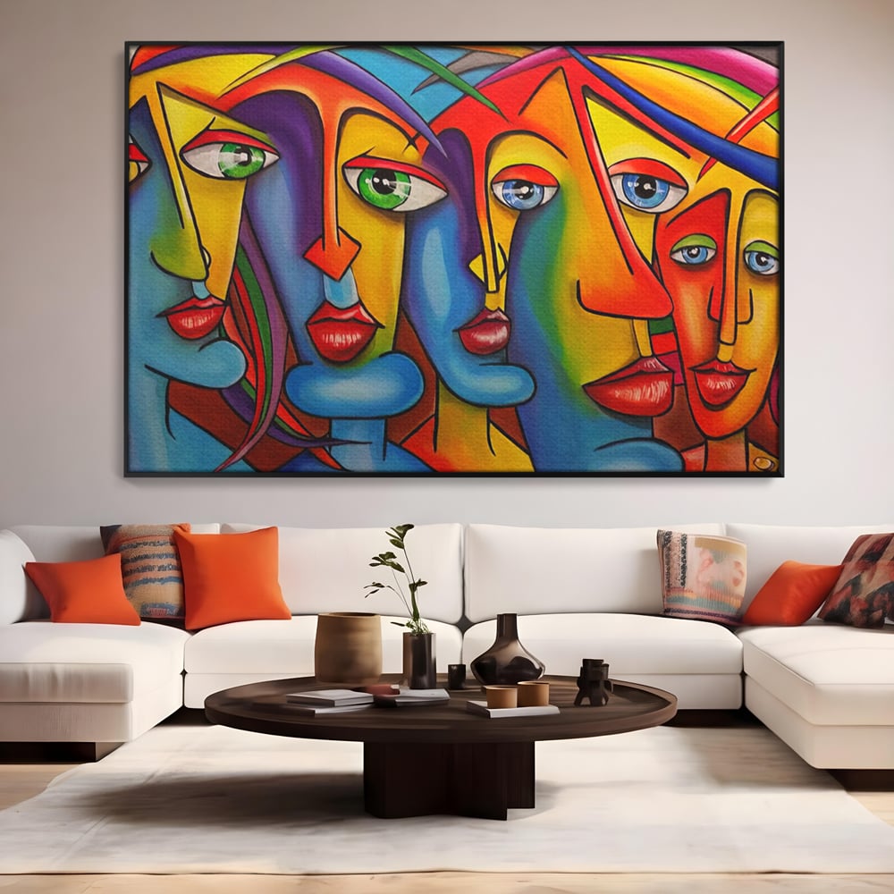 Tablou canvas cu tablou canvas cu fete abstracte colorate, in rama de aluminiu negru, pe perete intr-un living