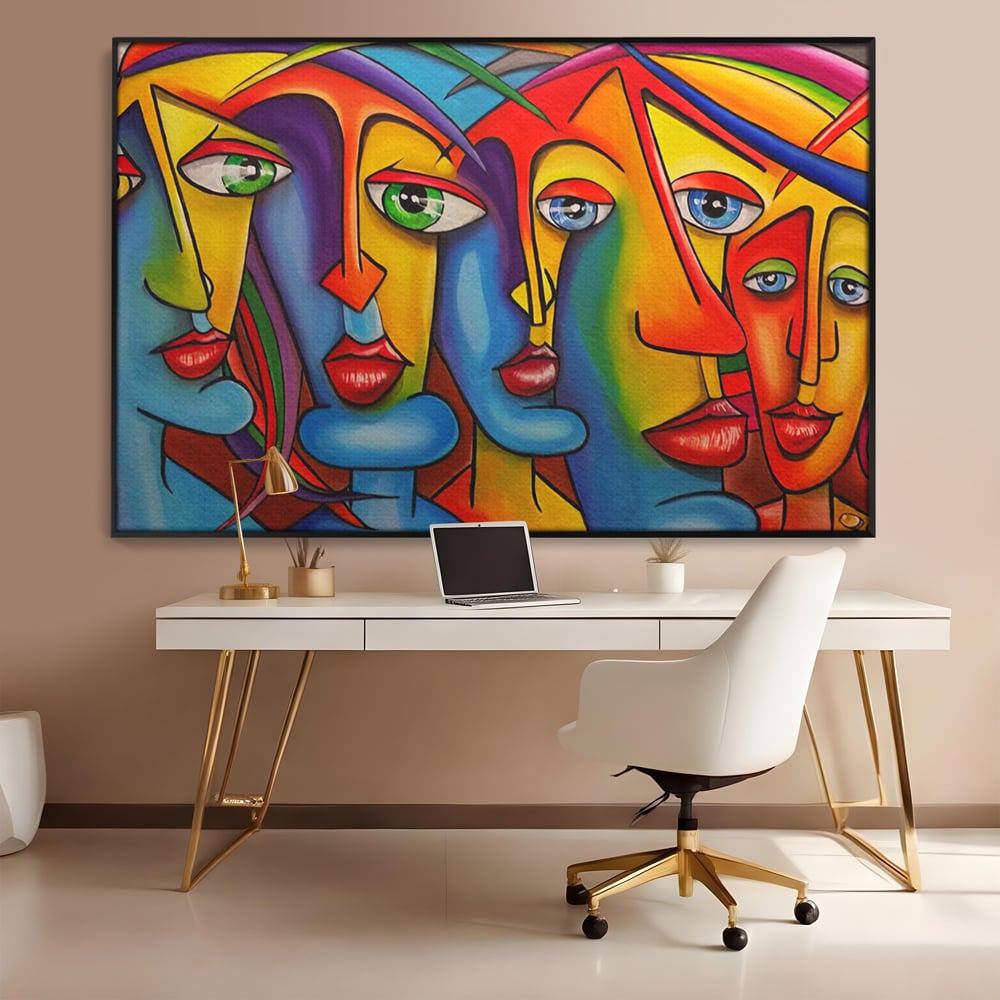 Tablou canvas cu tablou canvas cu fete abstracte colorate, in rama de aluminiu negru, pe perete intr-un birou