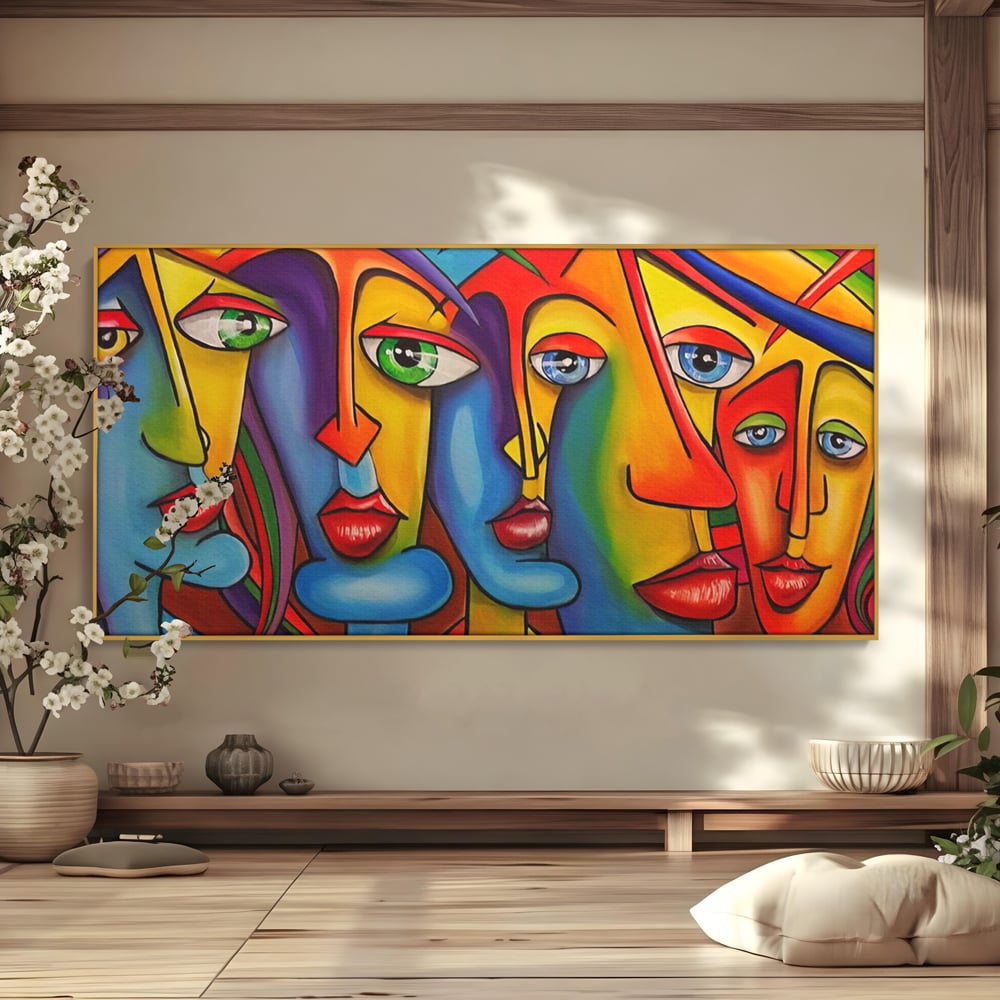 Tablou canvas cu tablou canvas cu fete abstracte colorate, in rama de aluminiu auriu