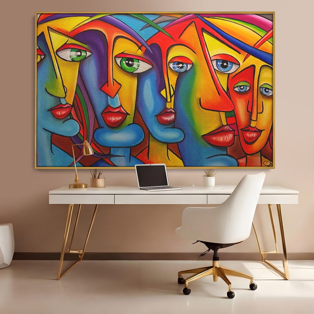 Tablou canvas cu tablou canvas cu fete abstracte colorate, in rama de aluminiu auriu, pe perete intr-un birou