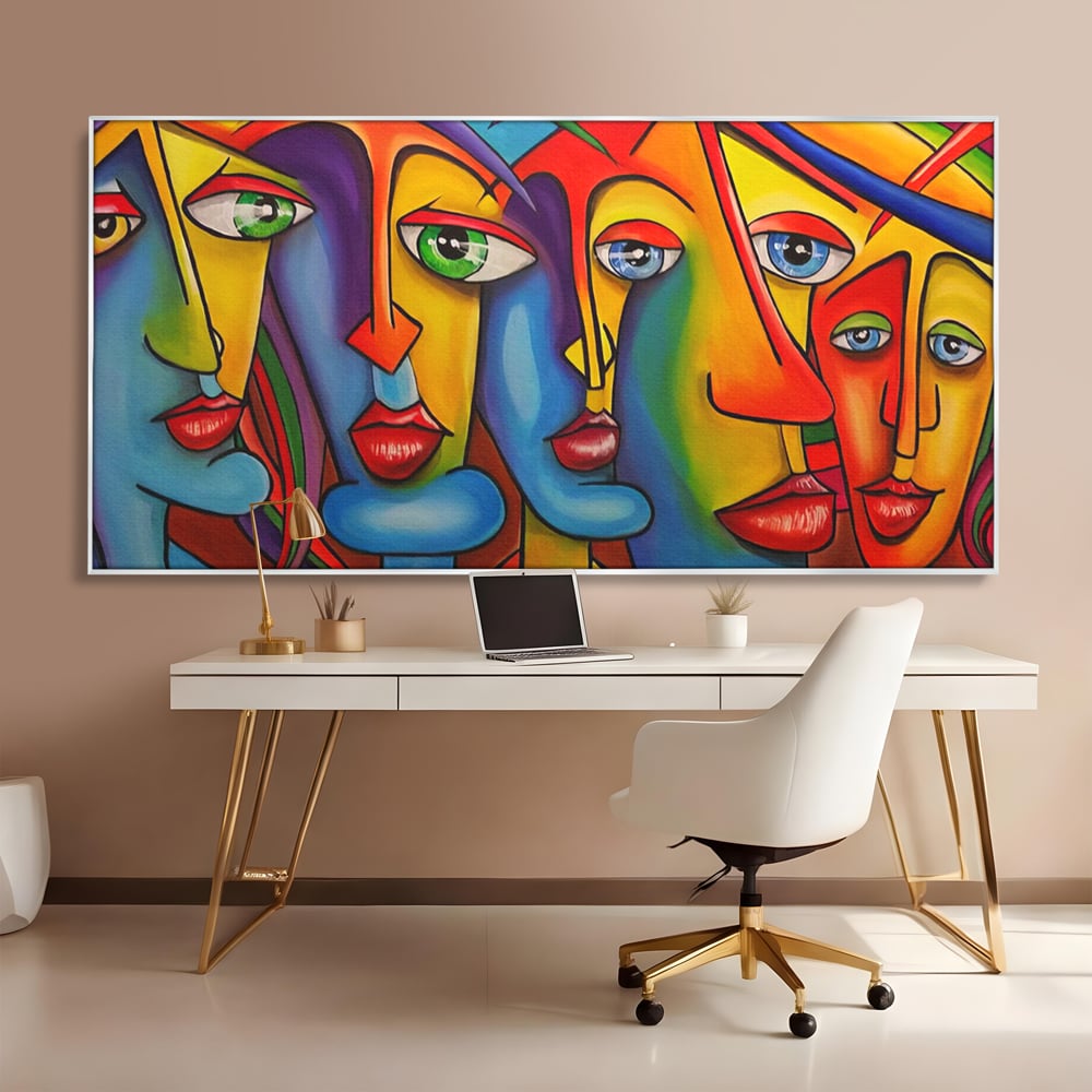Tablou canvas cu tablou canvas cu fete abstracte colorate, in rama de aluminiu argintiu, pe perete intr-un birou