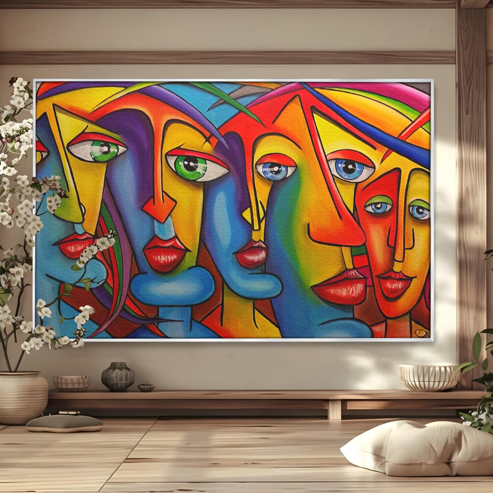 Tablou canvas cu tablou canvas cu fete abstracte colorate, in rama de aluminiu argintiu