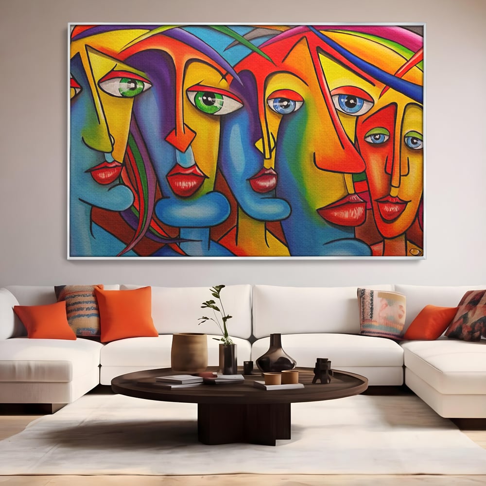 Tablou canvas cu tablou canvas cu fete abstracte colorate, in rama de aluminiu argintiu, pe perete intr-un living