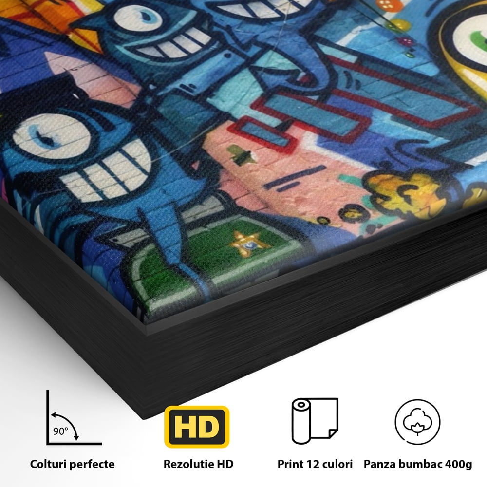 Detaliu al suprafetei: tablou canvas cu graffiti urban si personaje, in rama de aluminiu negru