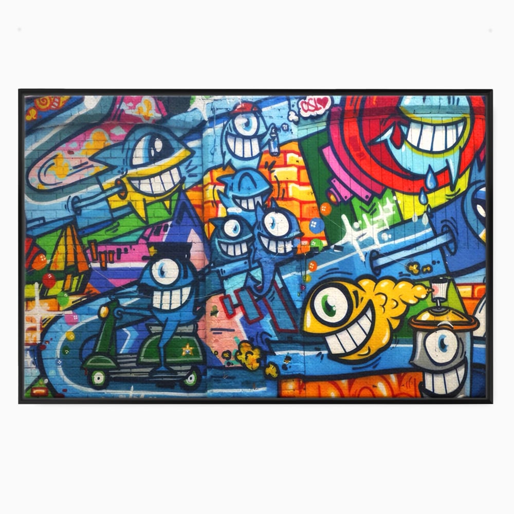 Tablou canvas cu tablou canvas cu graffiti urban si personaje, in rama de aluminiu negru