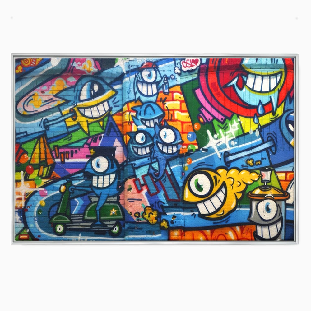 Tablou canvas cu tablou canvas cu graffiti urban si personaje, in rama de aluminiu argintiu