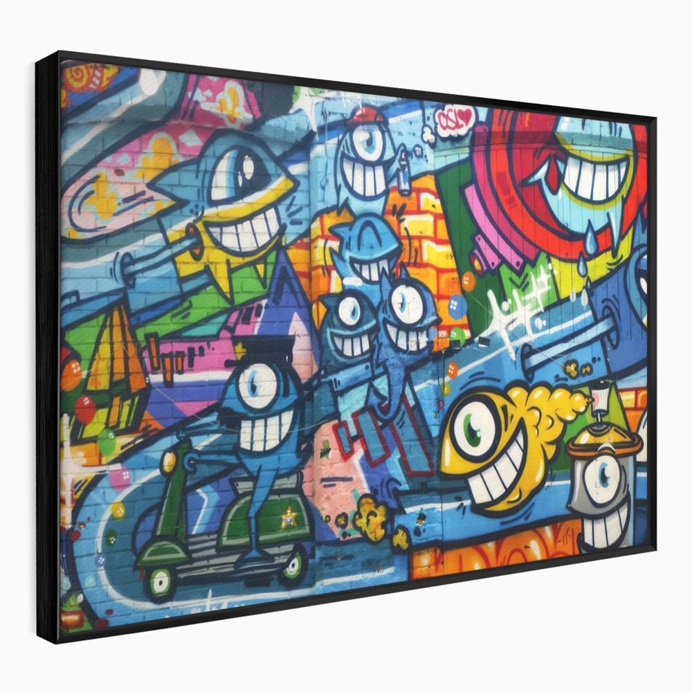 Tablou canvas cu tablou canvas cu graffiti urban si personaje, in rama de aluminiu negru