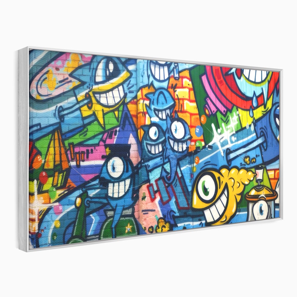Tablou canvas cu tablou canvas cu graffiti urban si personaje, in rama de aluminiu argintiu