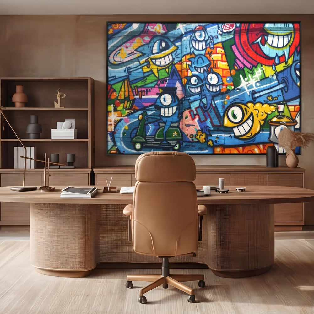 Tablou canvas cu tablou canvas cu graffiti urban si personaje, in rama de aluminiu negru, pe perete intr-un birou