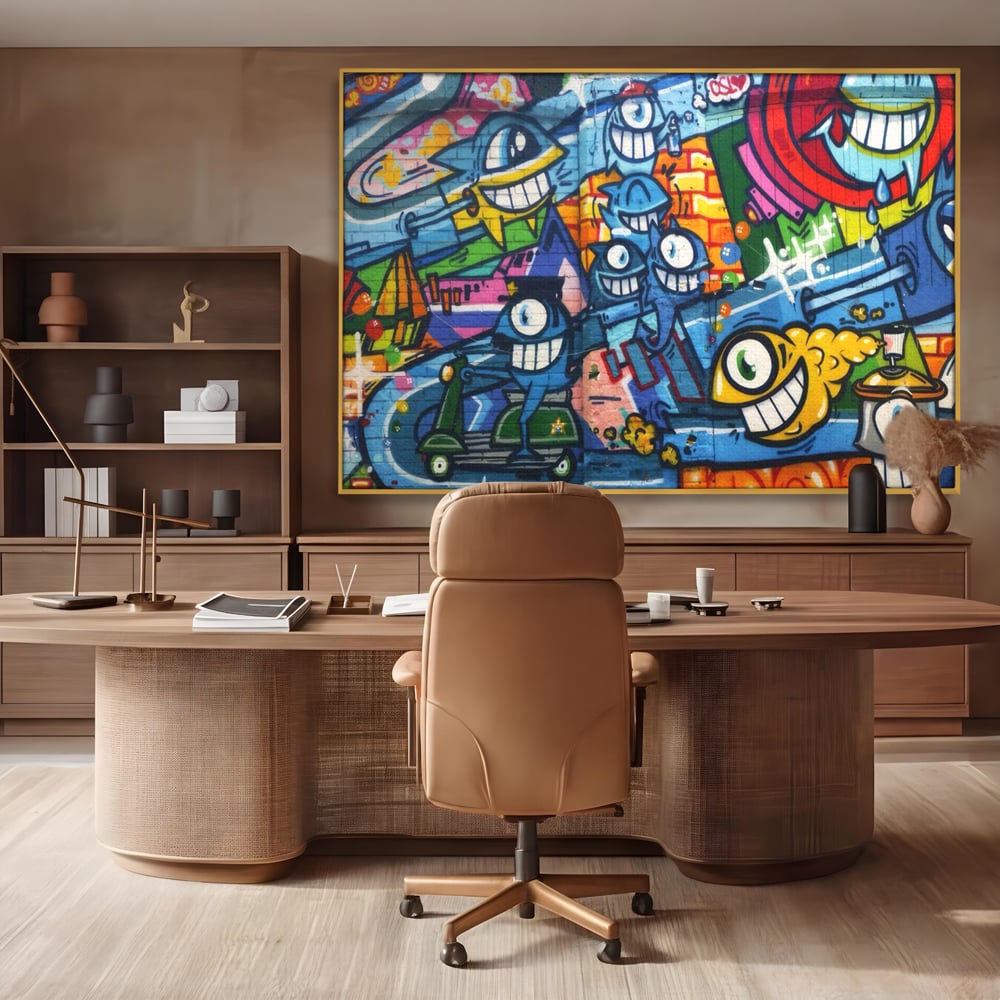 Tablou canvas cu tablou canvas cu graffiti urban si personaje, in rama de aluminiu auriu, pe perete intr-un birou