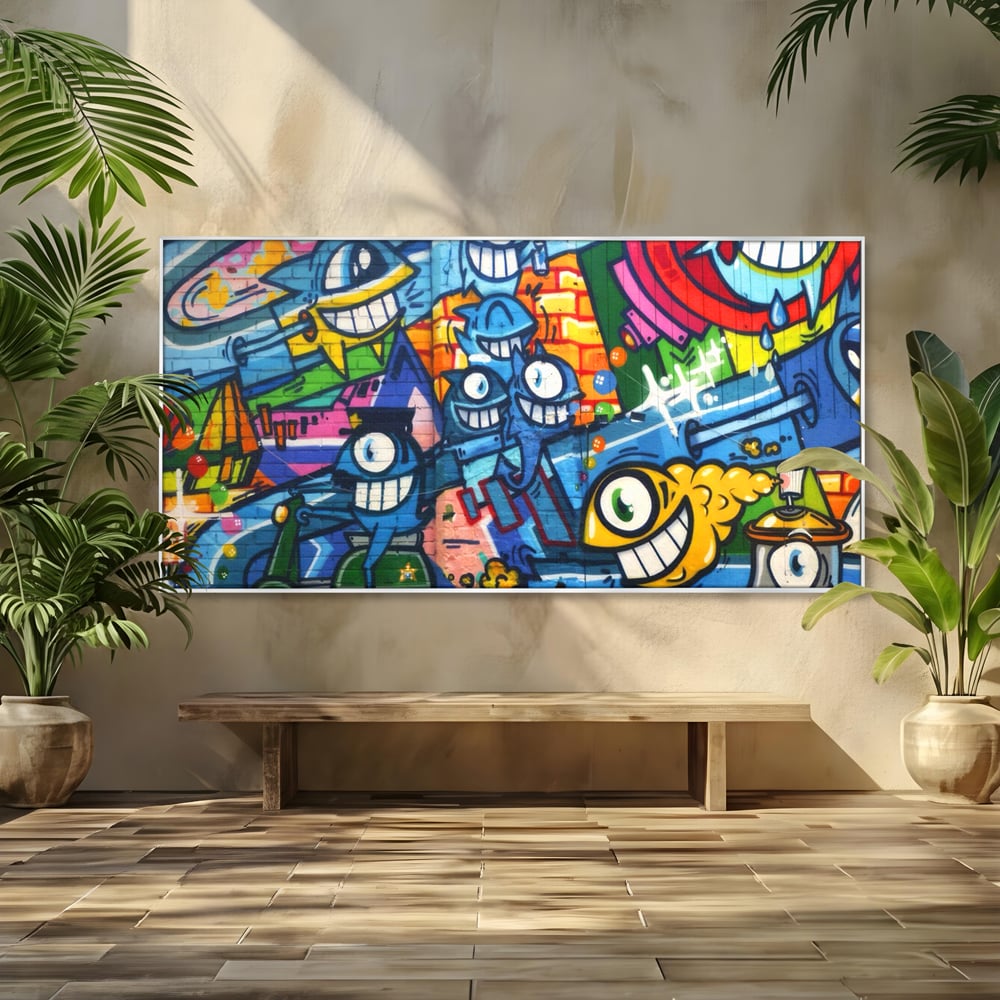 Tablou canvas cu tablou canvas cu graffiti urban si personaje, in rama de aluminiu argintiu
