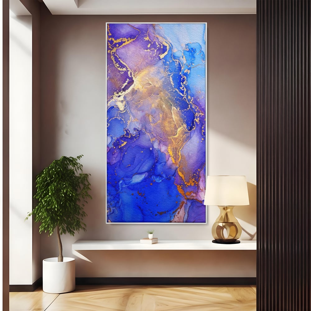 Tablou canvas cu pictura abstracta cu efect de marmura, in rama de aluminiu argintiu