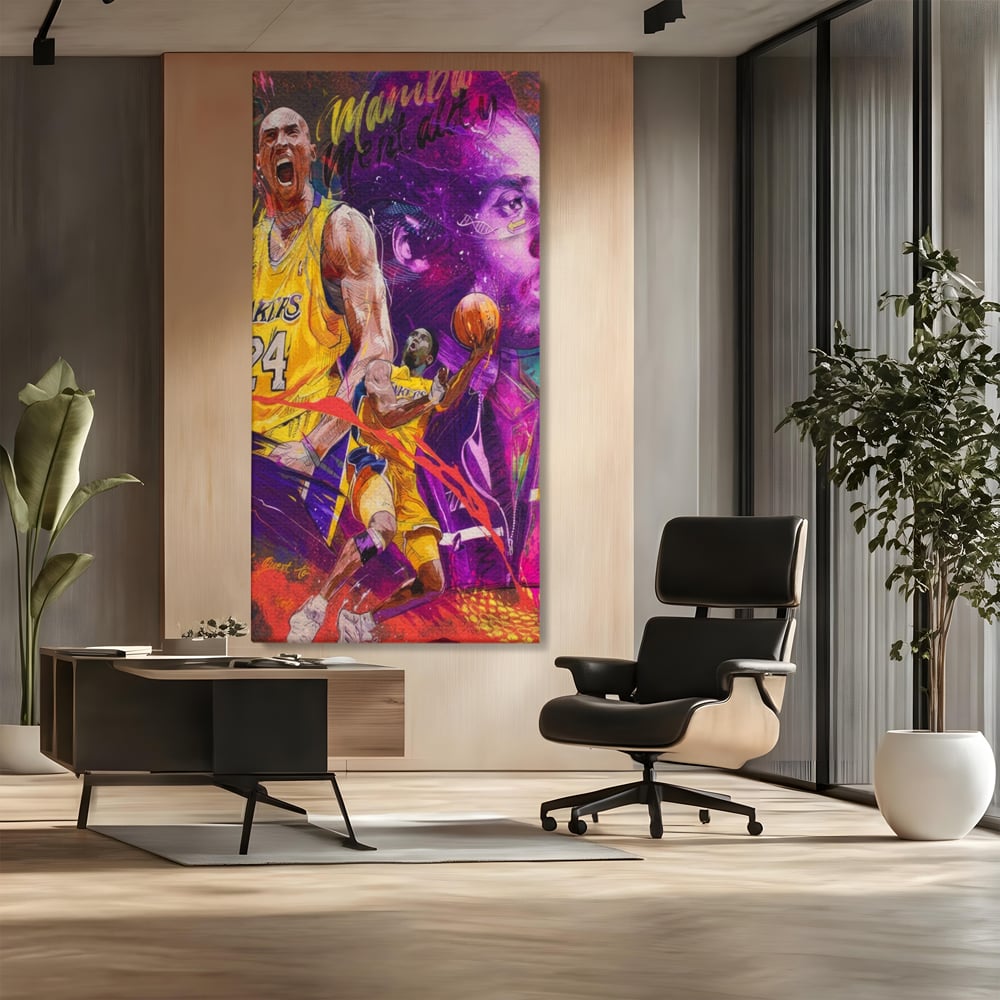 Tablou canvas cu tablou canvas cu kobe bryant, fara rama, pe sasiu de lemn, pe perete intr-un birou