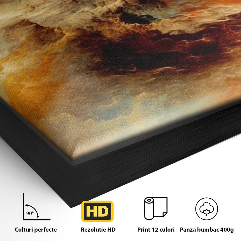 Detaliu al suprafetei: tablou canvas cu compozitie abstracta portocalie, in rama de aluminiu negru