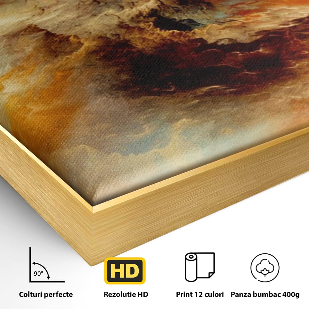 Detaliu al suprafetei: tablou canvas cu compozitie abstracta portocalie, in rama de aluminiu auriu