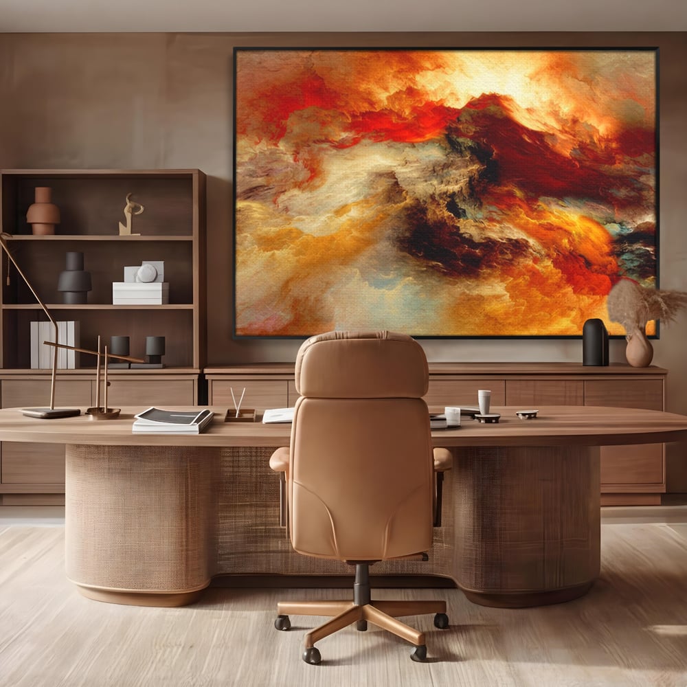 Tablou canvas cu tablou canvas cu compozitie abstracta portocalie, in rama de aluminiu negru, pe perete intr-un birou