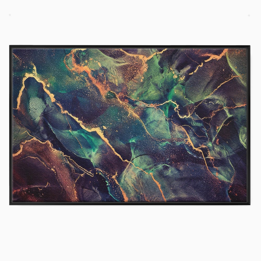 Tablou canvas cu pictura abstracta cu venaturi aurii, in rama de aluminiu negru