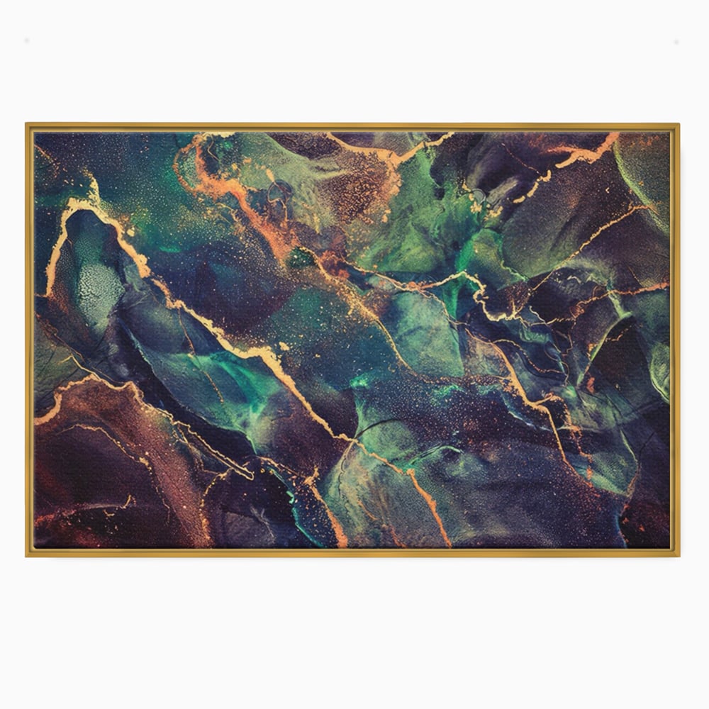 Tablou canvas cu pictura abstracta cu venaturi aurii, in rama de aluminiu auriu