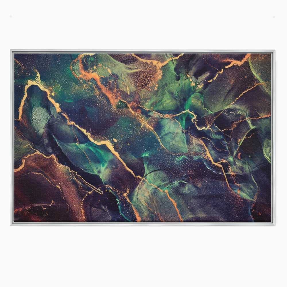 Tablou canvas cu pictura abstracta cu venaturi aurii, in rama de aluminiu argintiu
