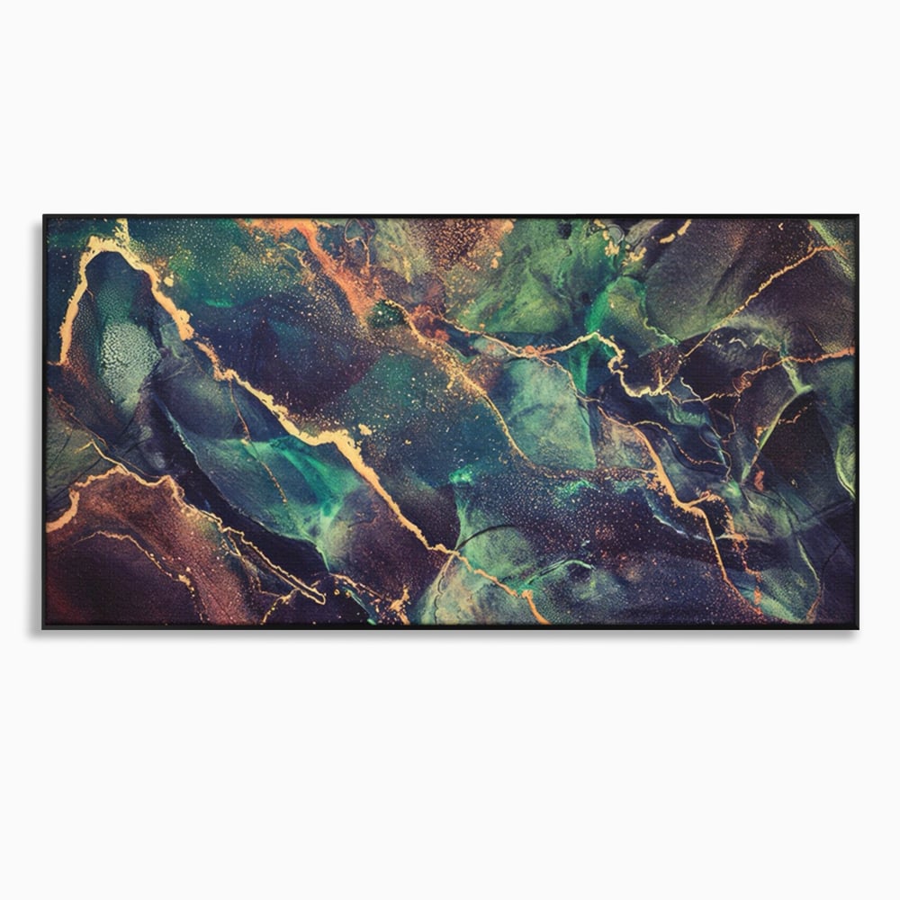 Tablou canvas cu pictura abstracta cu venaturi aurii, in rama de aluminiu negru