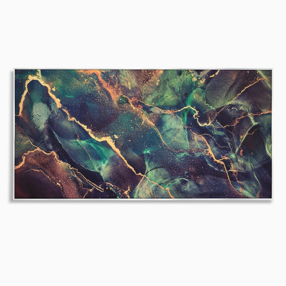 Tablou canvas cu pictura abstracta cu venaturi aurii, in rama de aluminiu argintiu