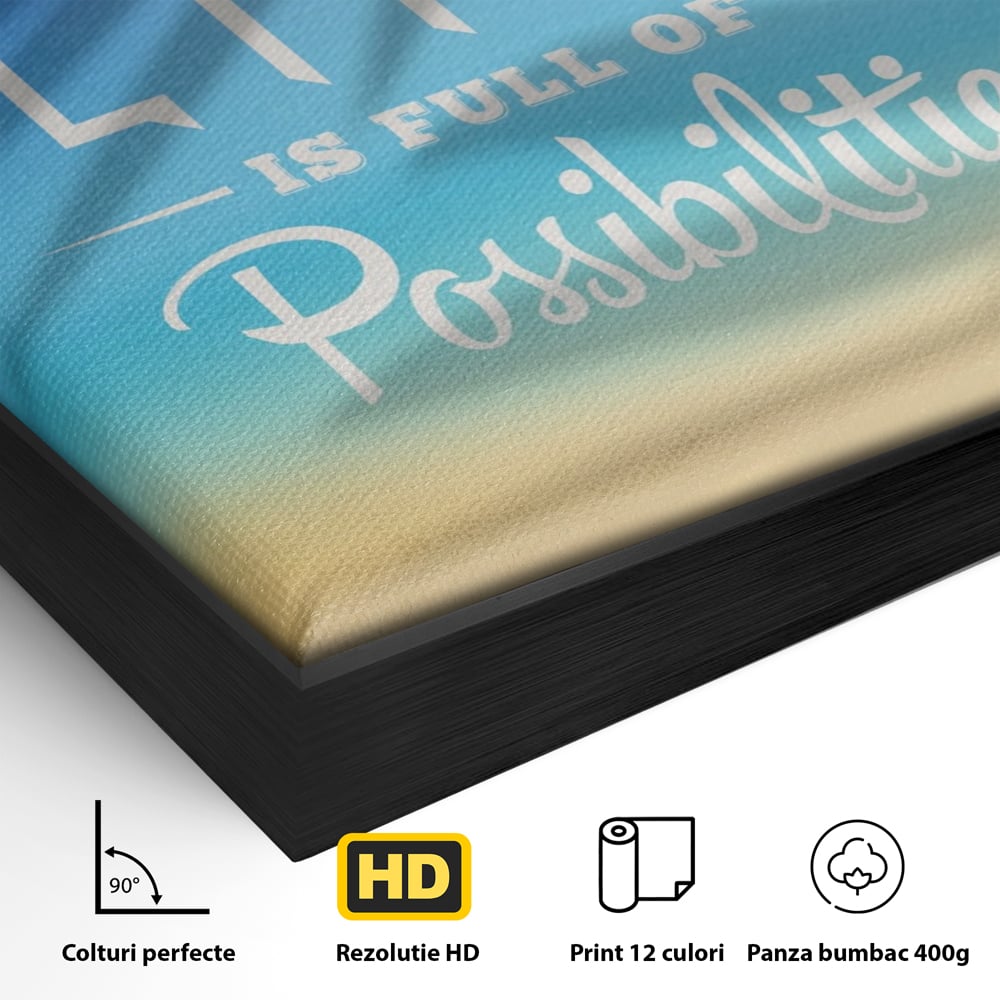 Detaliu al suprafetei: tablou motivational vertical cu mesaj, in rama de aluminiu negru