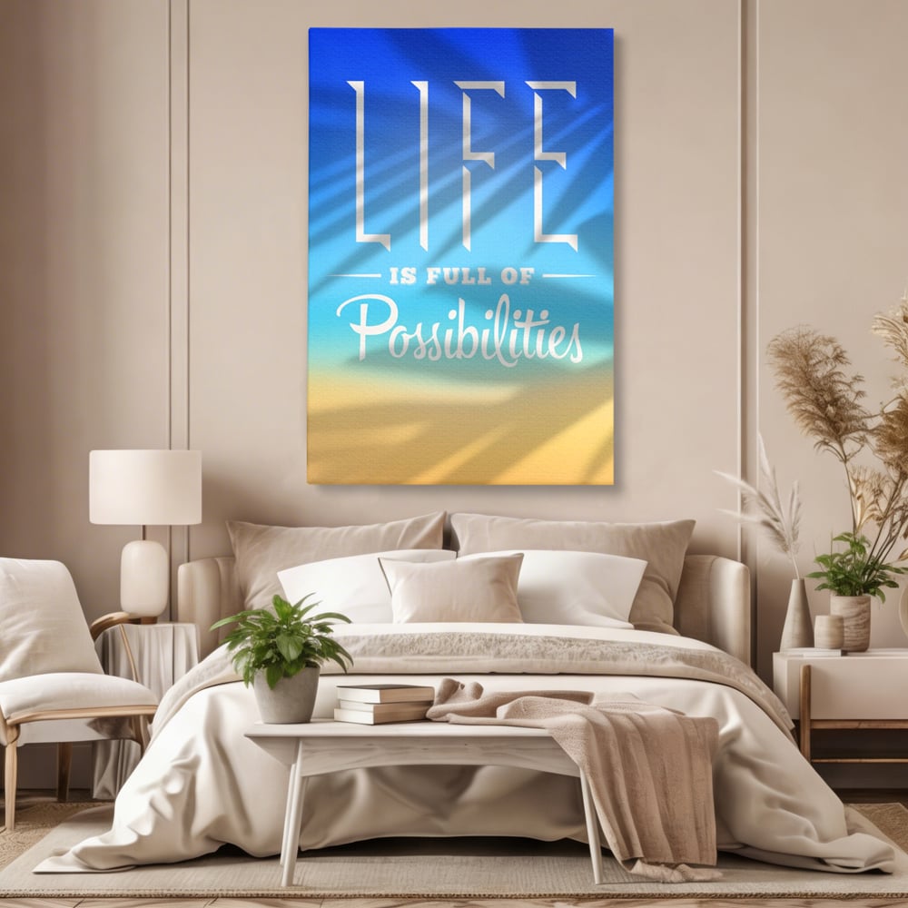 Tablou canvas cu tablou motivational vertical cu mesaj, fara rama, pe sasiu de lemn, pe perete intr-un dormitor