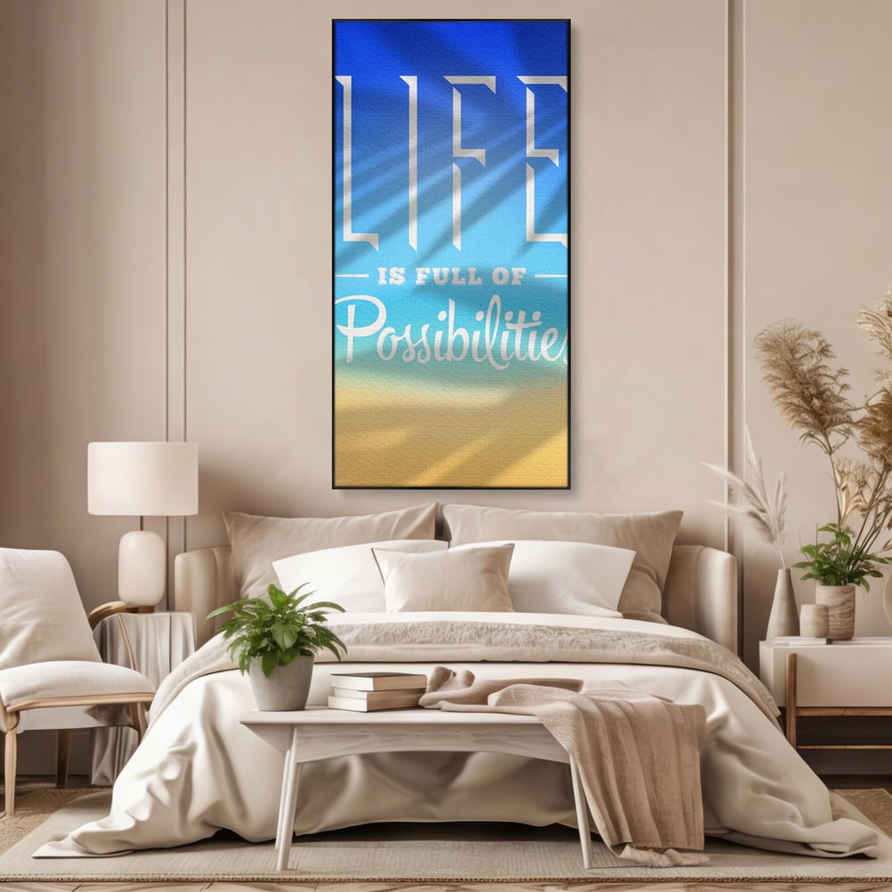 Tablou canvas cu tablou motivational vertical cu mesaj, in rama de aluminiu negru, pe perete intr-un dormitor