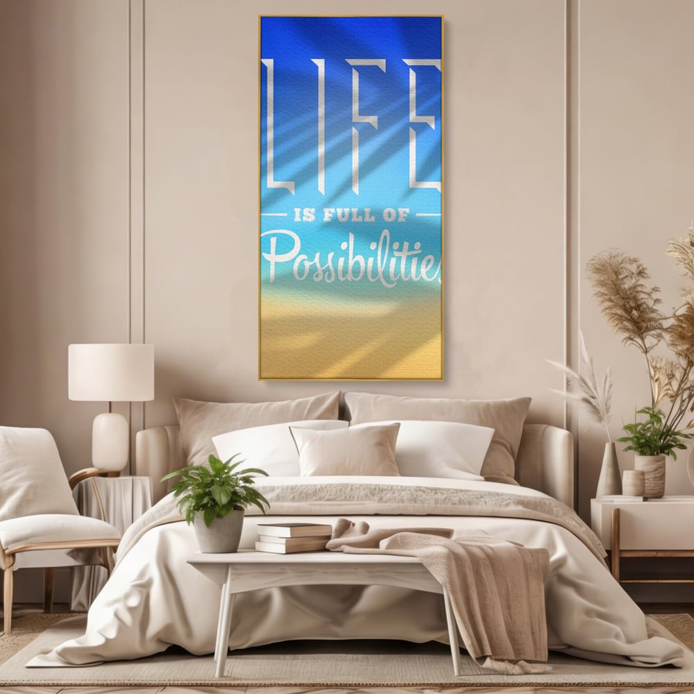 Tablou canvas cu tablou motivational vertical cu mesaj, in rama de aluminiu auriu, pe perete intr-un dormitor