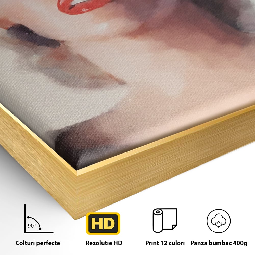 Detaliu al suprafetei: tablou canvas cu marilyn monroe, in rama de aluminiu auriu