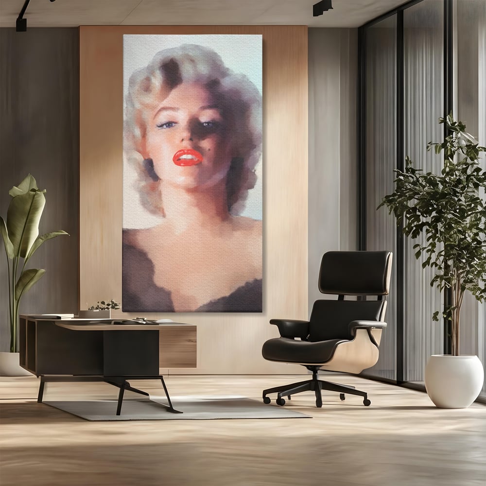 Tablou canvas cu tablou canvas cu marilyn monroe, fara rama, pe sasiu de lemn, pe perete intr-un birou