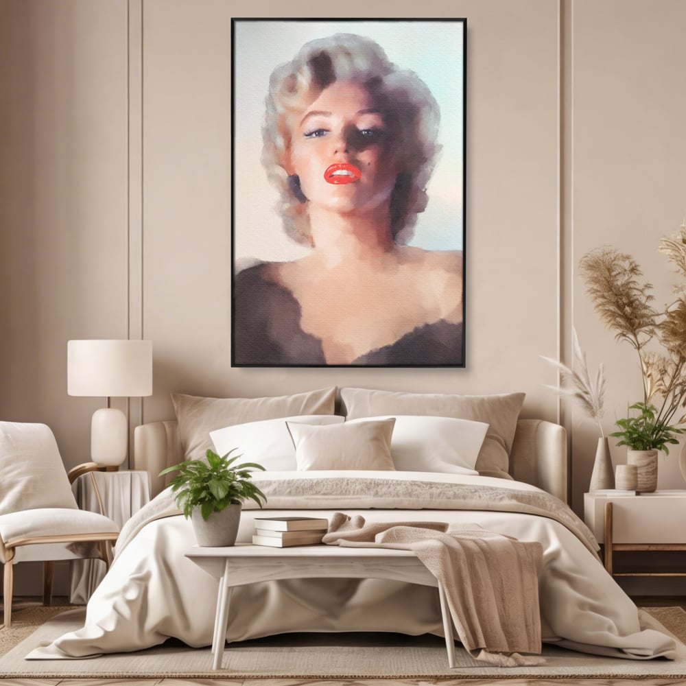 Tablou canvas cu tablou canvas cu marilyn monroe, in rama de aluminiu negru, pe perete intr-un dormitor