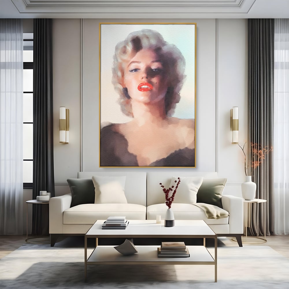 Tablou canvas cu tablou canvas cu marilyn monroe, in rama de aluminiu auriu, pe perete intr-un living