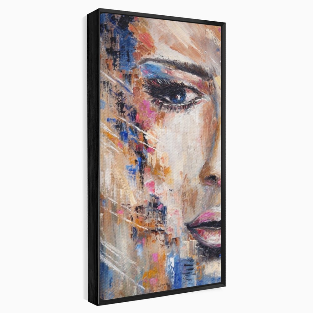 Tablou canvas cu pictura chip de femeie, in rama de aluminiu negru