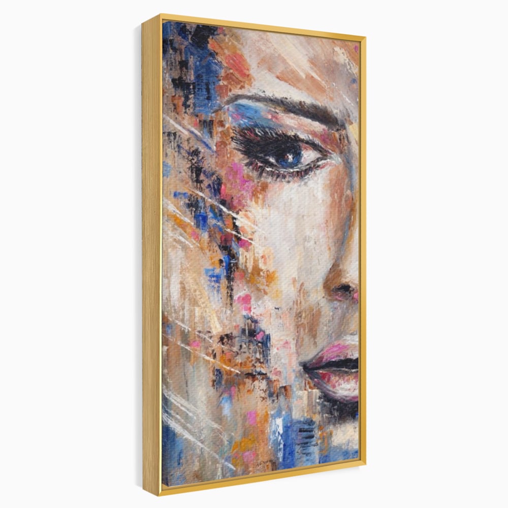 Tablou canvas cu pictura chip de femeie, in rama de aluminiu auriu