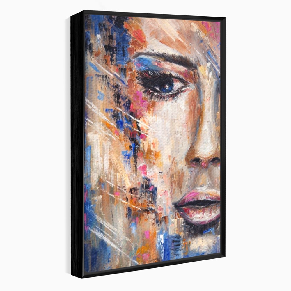 Tablou canvas cu pictura chip de femeie, in rama de aluminiu negru