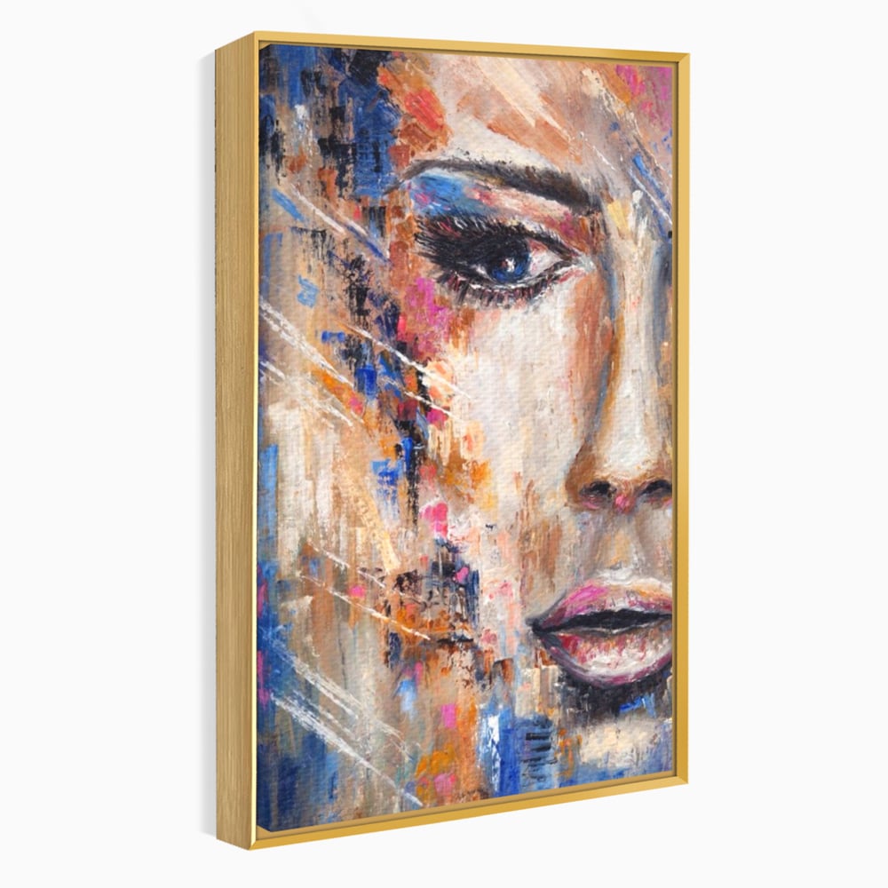 Tablou canvas cu pictura chip de femeie, in rama de aluminiu auriu