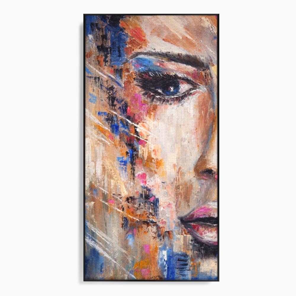 Tablou canvas cu pictura chip de femeie, in rama de aluminiu negru