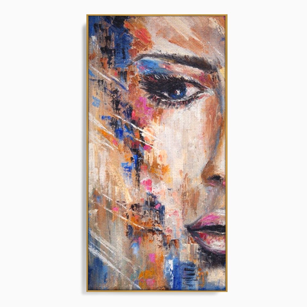 Tablou canvas cu pictura chip de femeie, in rama de aluminiu auriu