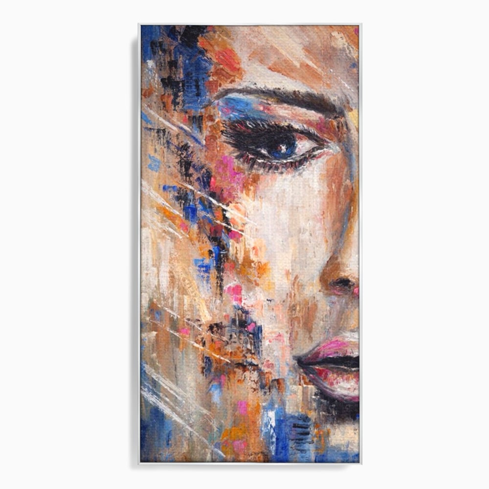 Tablou canvas cu pictura chip de femeie, in rama de aluminiu argintiu