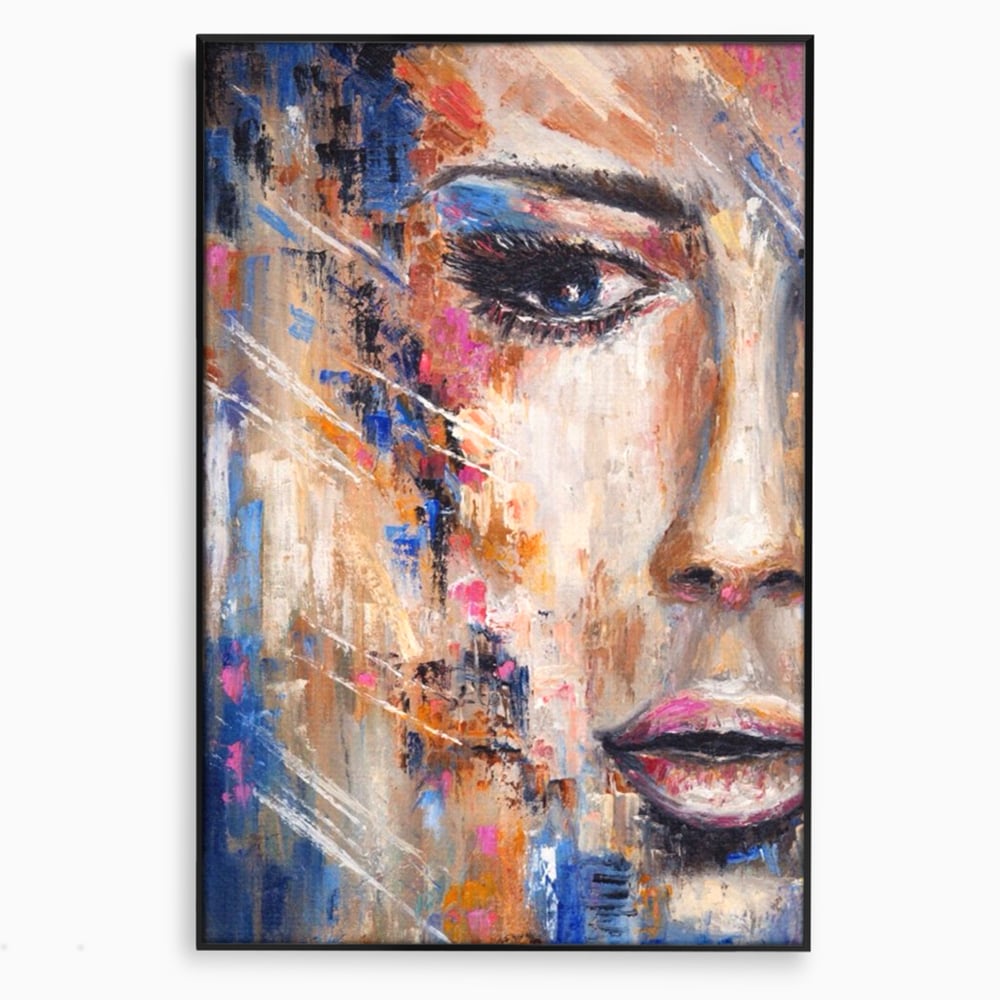 Tablou canvas cu pictura chip de femeie, in rama de aluminiu negru