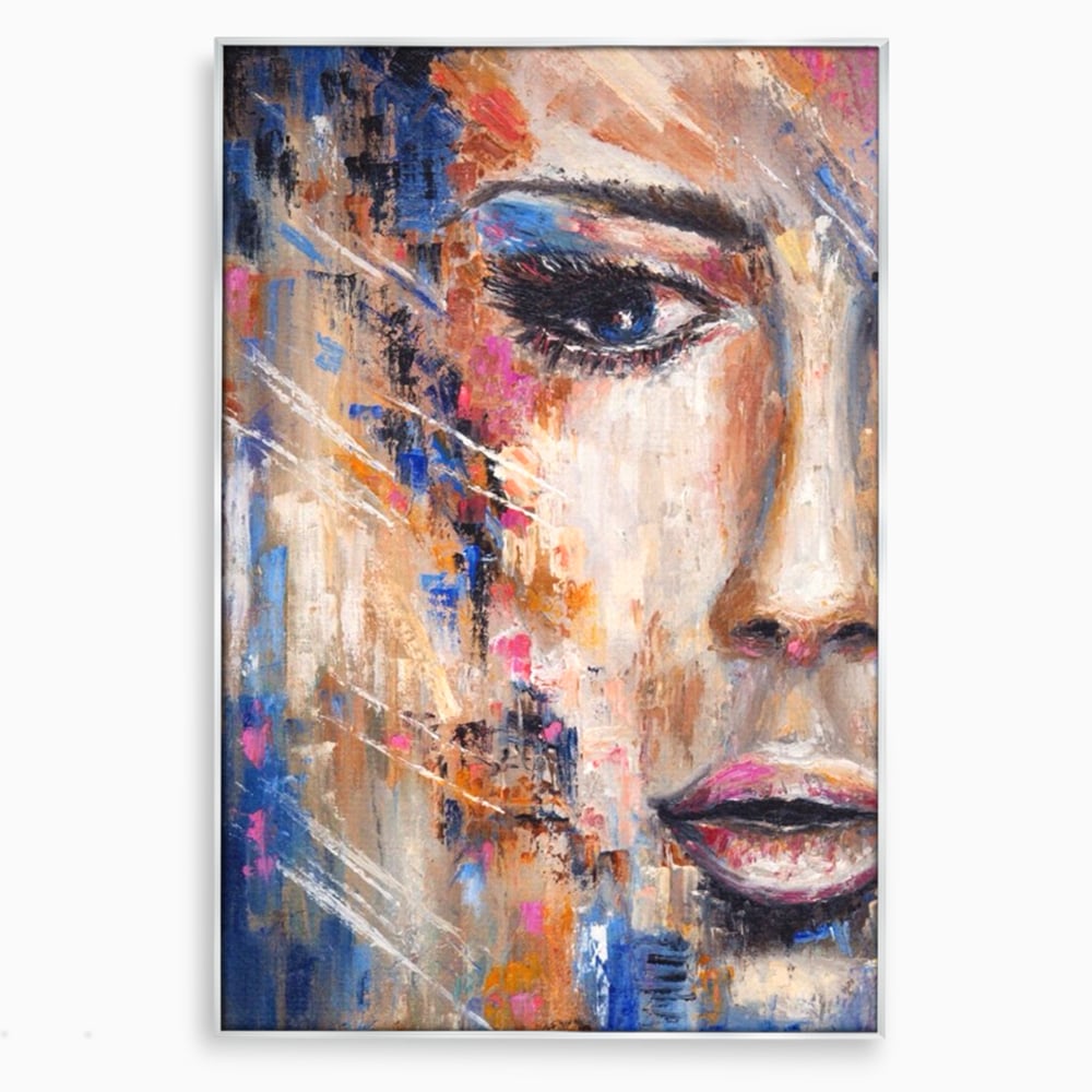 Tablou canvas cu pictura chip de femeie, in rama de aluminiu argintiu