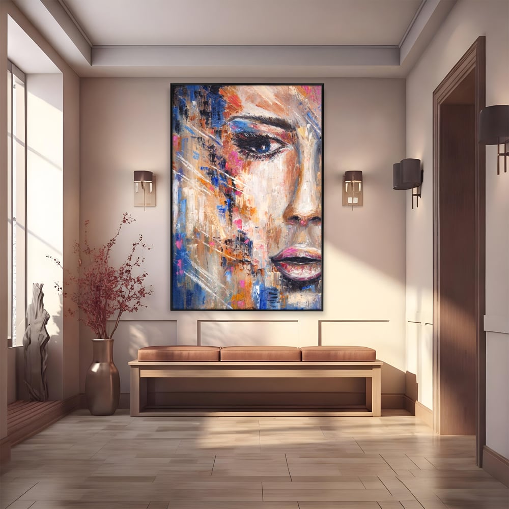 Tablou canvas cu pictura chip de femeie, in rama de aluminiu negru