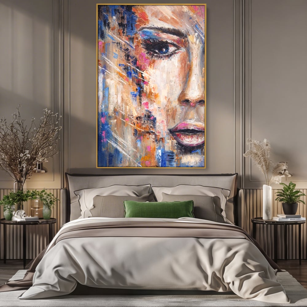 Tablou canvas cu pictura chip de femeie, in rama de aluminiu auriu, pe perete intr-un dormitor