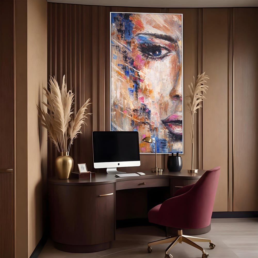 Tablou canvas cu pictura chip de femeie, in rama de aluminiu argintiu, pe perete intr-un birou