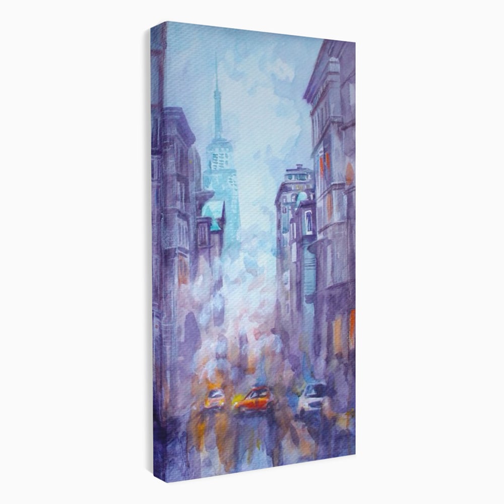 Tablou canvas cu tablou canvas pictura urbana cu masina portocaliu, fara rama, pe sasiu de lemn