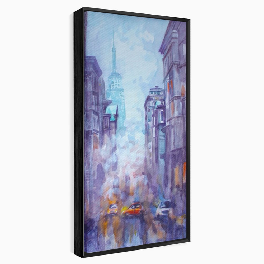 Tablou canvas cu tablou canvas pictura urbana cu masina portocaliu, in rama de aluminiu negru