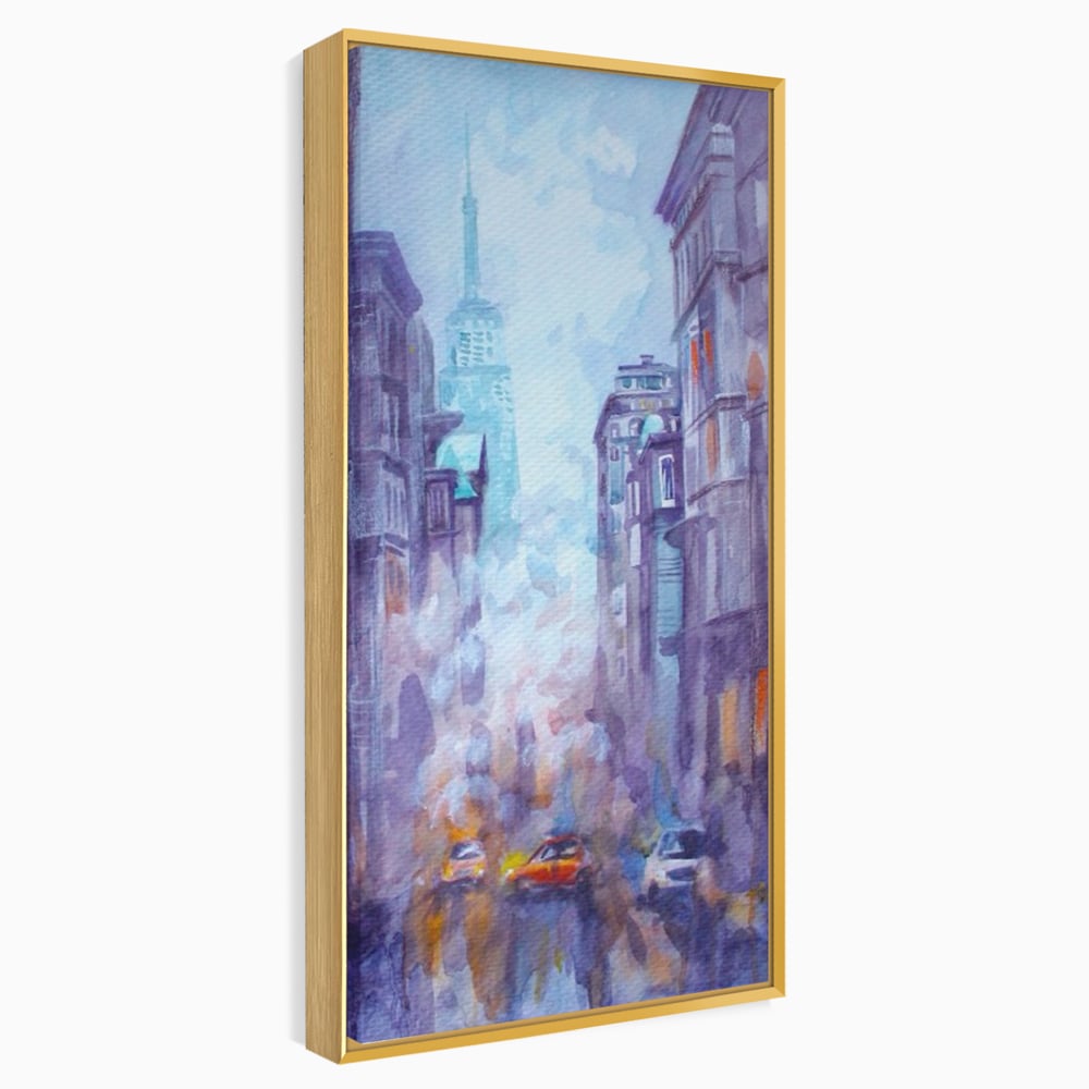 Tablou canvas cu tablou canvas pictura urbana cu masina portocaliu, in rama de aluminiu auriu