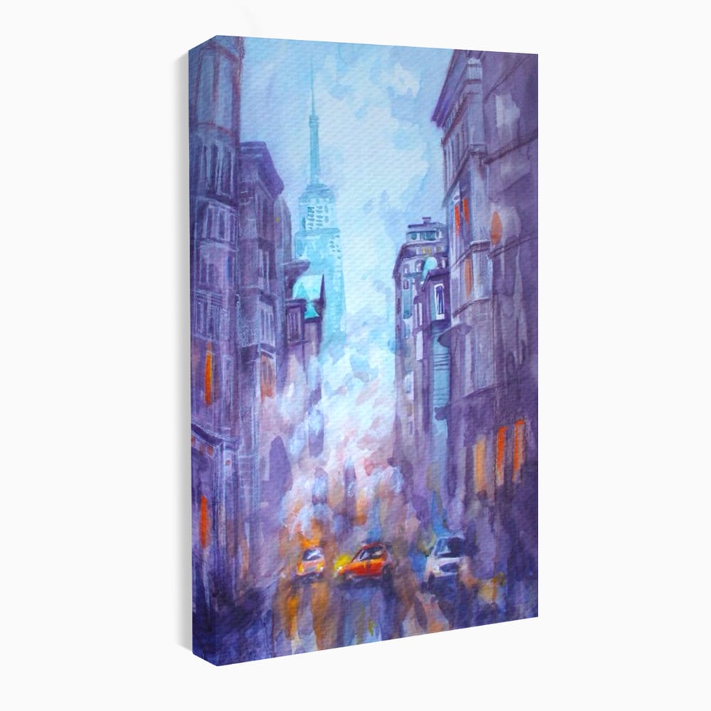 Tablou canvas cu tablou canvas pictura urbana cu masina portocaliu, fara rama, pe sasiu de lemn