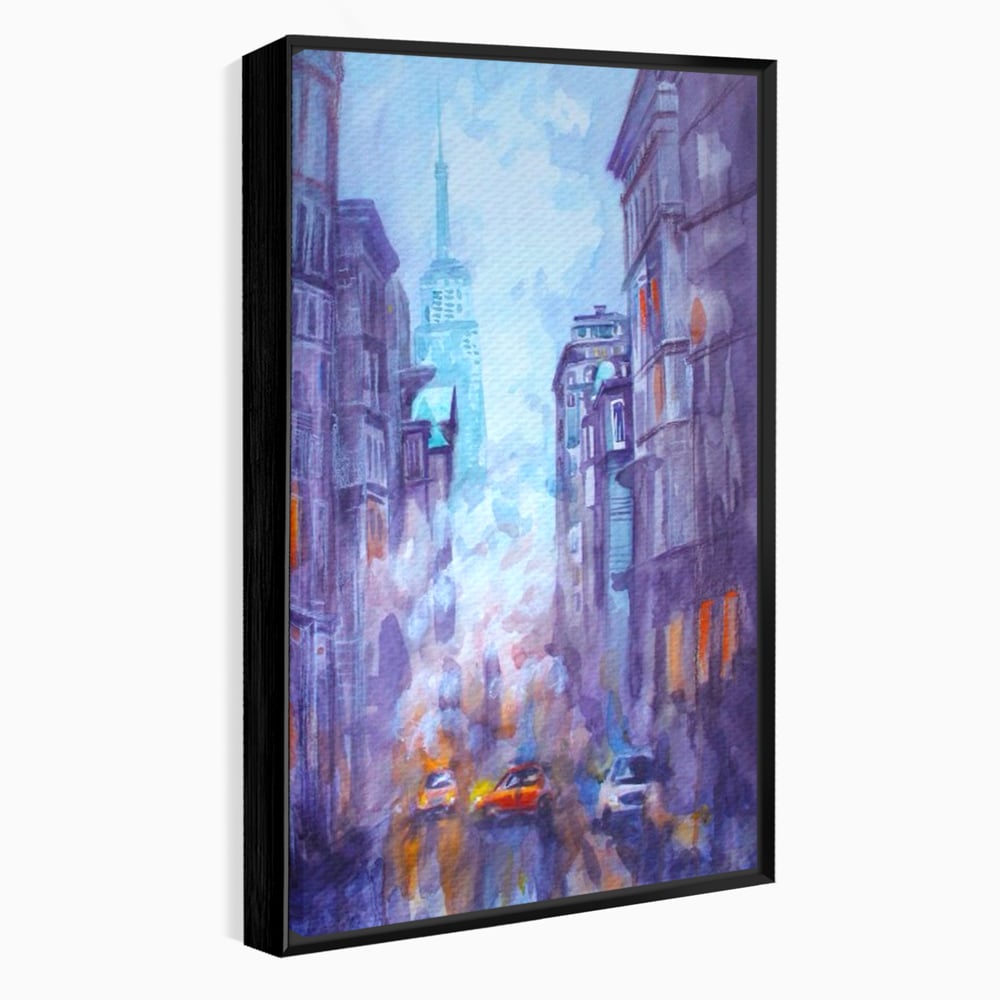 Tablou canvas cu tablou canvas pictura urbana cu masina portocaliu, in rama de aluminiu negru